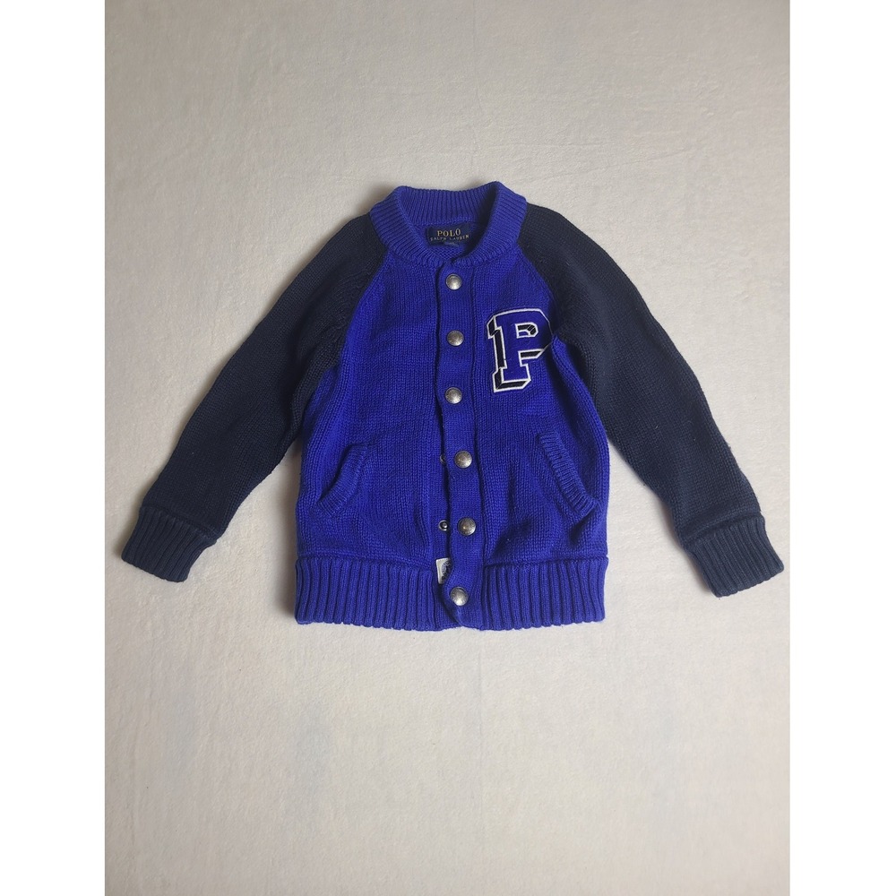 Polo Ralph Lauren Varsity Cardigan Boy 3T Blue Knit Letterman Snap Front Sweater